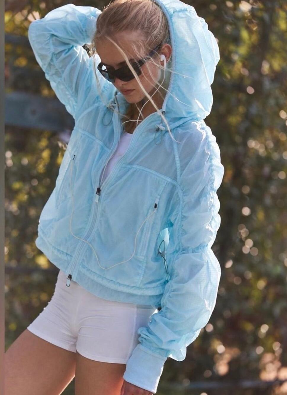 FP Movement Light Blue Sheer Ruched Hooded Performance Jacket NWT Size M $148